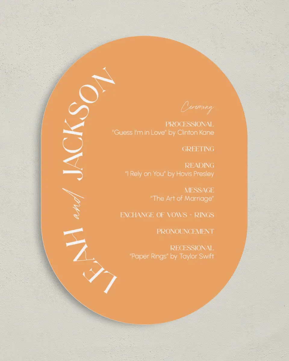 This is a 5" x 7" Tea-length Wedding Program called The Leah printed in full color on Premium Smooth paper