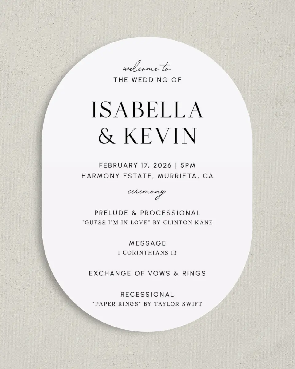 This is a 5" x 7" Tea-length Wedding Program called The Isabella printed in full color on Premium Smooth paper