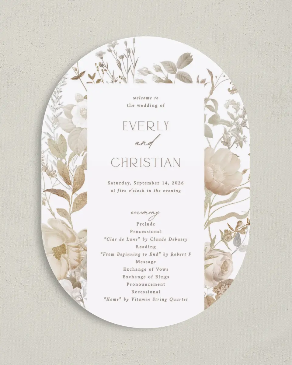This is a 5" x 7" Tea-length Wedding Program called The Everly printed in full color on Premium Smooth paper