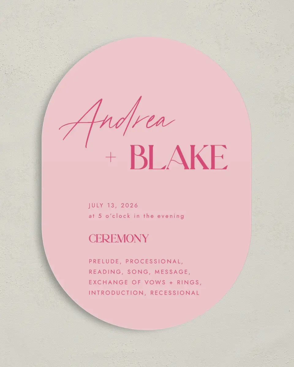 This is a 5" x 7" Tea-length Wedding Program called The Andrea printed in full color with Gold foil on Luxe Satin paper