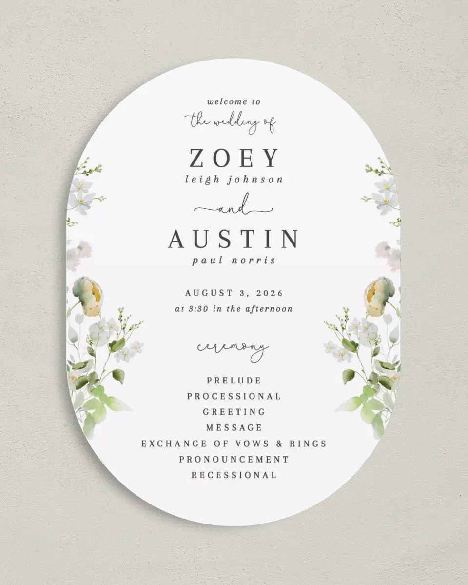 This is a 5" x 7" Tea-length Wedding Program called The Zoey printed in full color on Premium Smooth paper