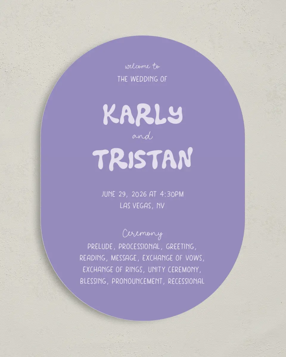 This is a 5" x 7" Tea-length Wedding Program called The Karly printed in full color on Premium Smooth paper