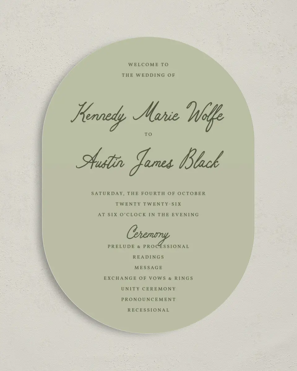 This is a 5" x 7" Tea-length Wedding Program called The Kennedy printed in full color on Premium Smooth paper
