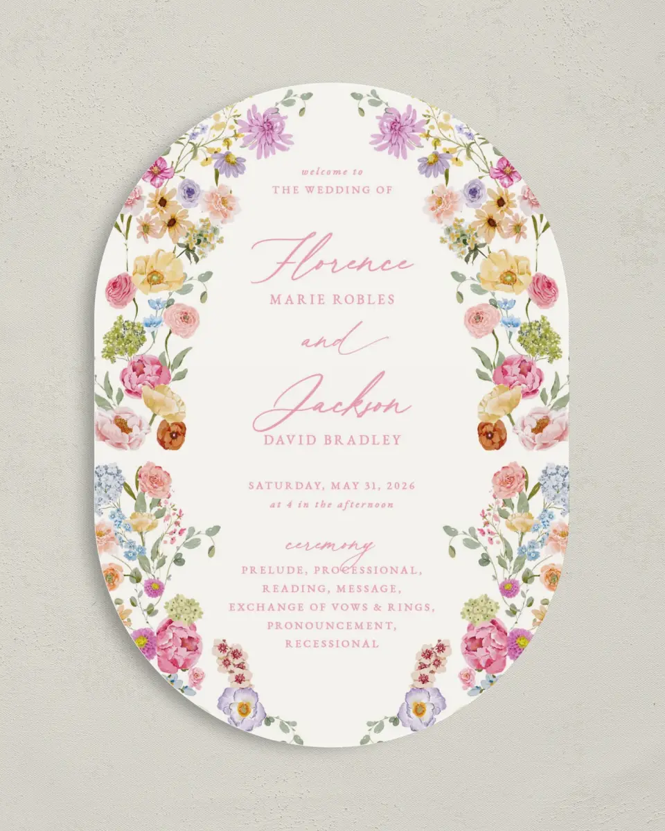 This is a 5" x 7" Tea-length Wedding Program called The Florence printed in full color on Premium Smooth paper