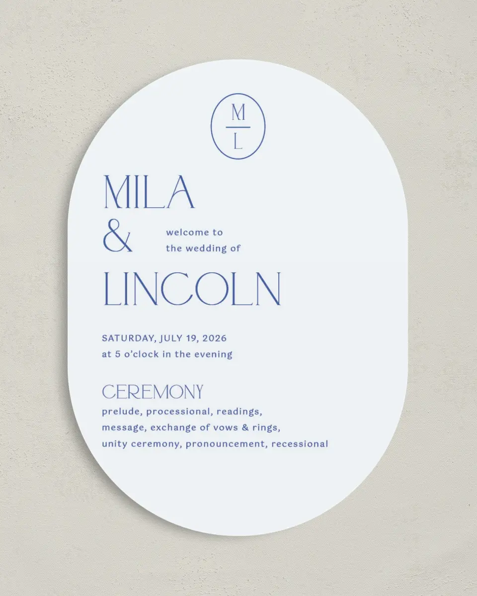 This is a 5" x 7" Tea-length Wedding Program called The Mila printed in full color on Premium Smooth paper
