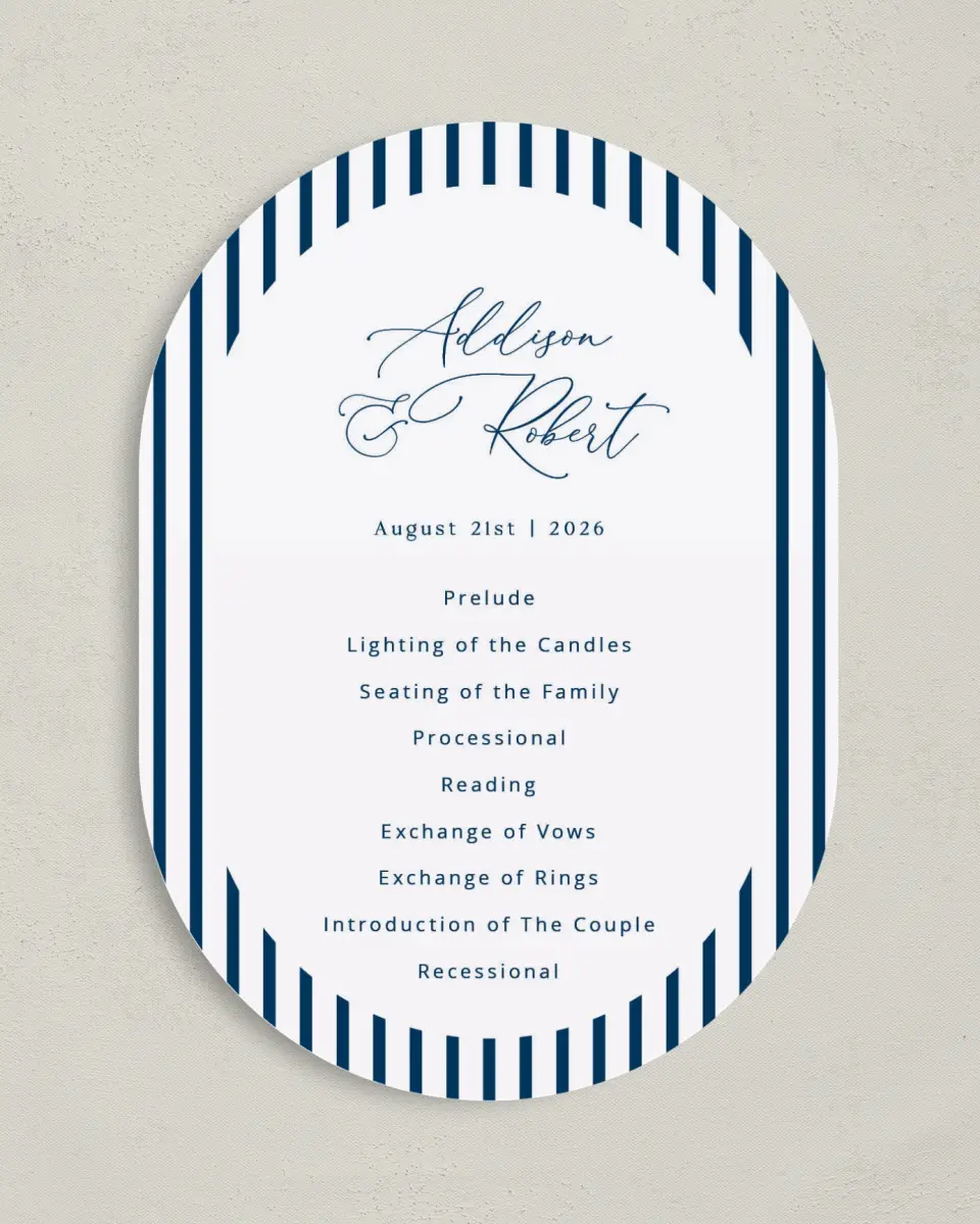 This is a 5" x 7" Tea-length Wedding Program called The Addison printed in full color on Premium Smooth paper