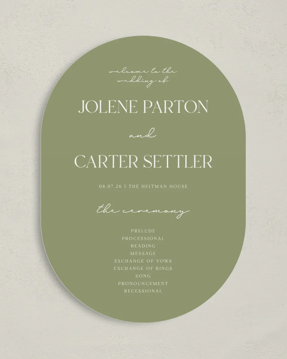 This is a 5" x 7" Tea-length Wedding Program called The Jolene printed in full color on Premium Smooth paper