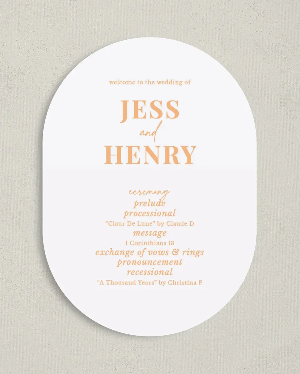 This is a 5" x 7" Tea-length Wedding Program called The Jess printed in full color on Premium Smooth paper