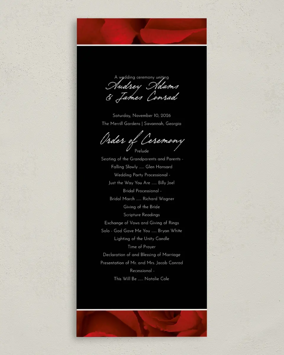 This is a 3⅝" x 8⅞" Tea-length Wedding Program called Dramatic Roses printed in full color on Premium Smooth paper