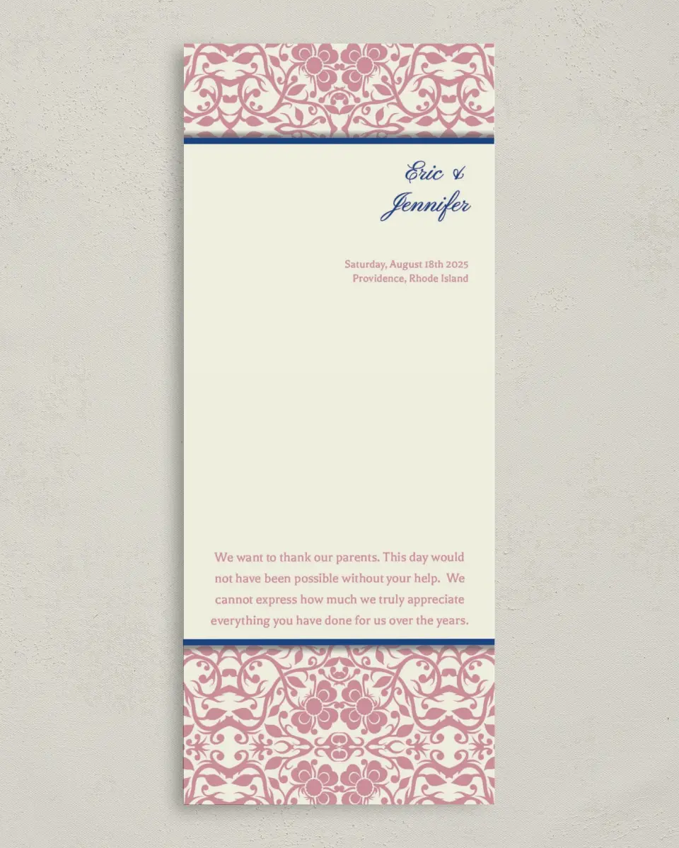 This is a 3⅝" x 8⅞" Tea-length Wedding Program called Floral Ornament printed in full color on Premium Smooth paper