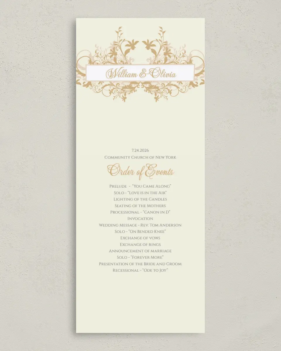 This is a 3⅝" x 8⅞" Tea-length Wedding Program called Classic Allure printed in full color on Premium Smooth paper