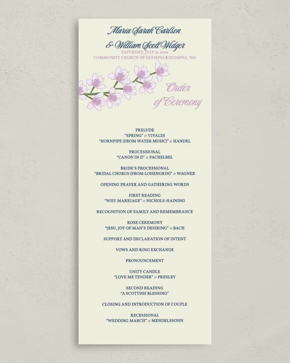 This is a 3⅝" x 8⅞" Tea-length Wedding Program called Waking Beauty printed in full color on Premium Smooth paper