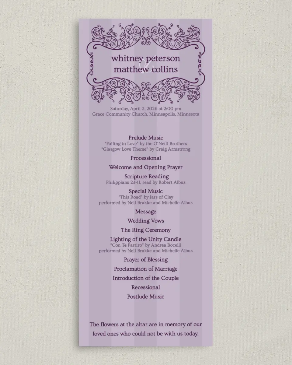 This is a 3⅝" x 8⅞" Tea-length Wedding Program called Lovely Lavender printed in full color on Premium Smooth paper