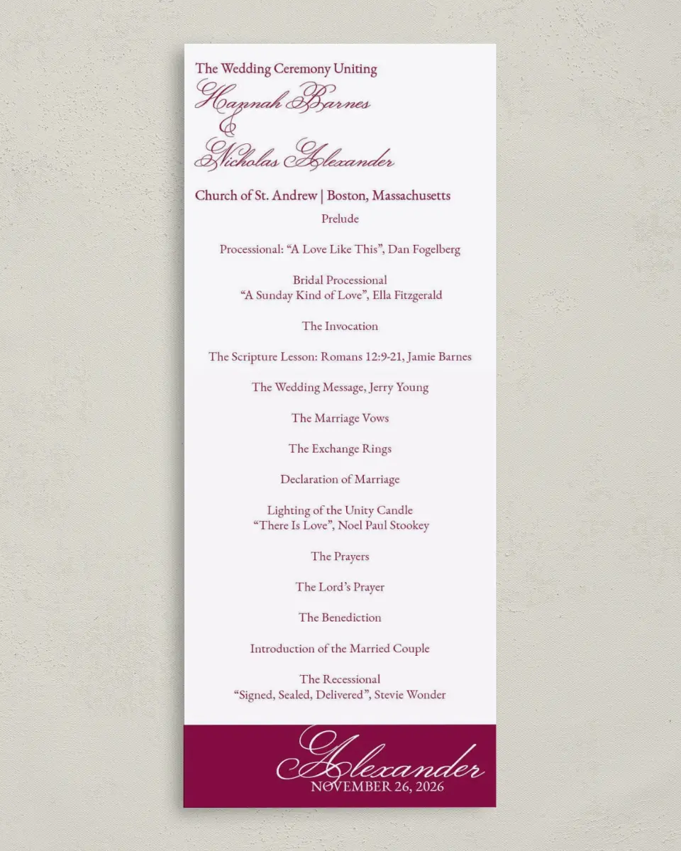 This is a 3⅝" x 8⅞" Tea-length Wedding Program called Forever Yours printed in full color on Premium Smooth paper