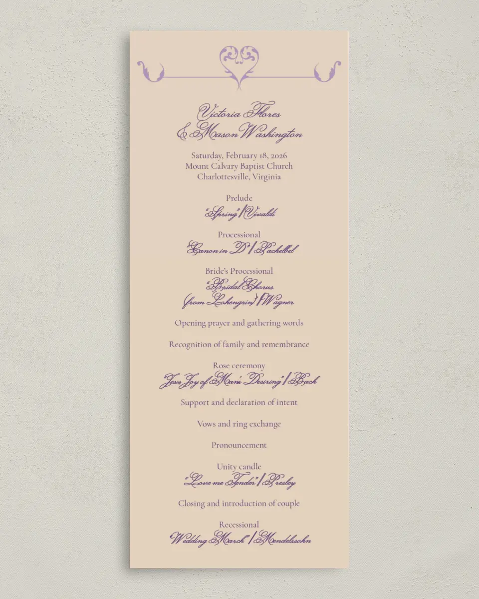 This is a 3⅝" x 8⅞" Tea-length Wedding Program called Simple Tradition printed in full color on Premium Smooth paper