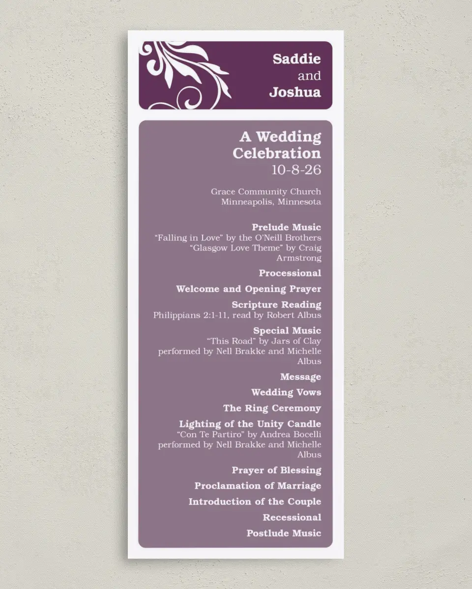 This is a 3⅝" x 8⅞" Tea-length Wedding Program called Alluring Affection printed in full color on Premium Smooth paper
