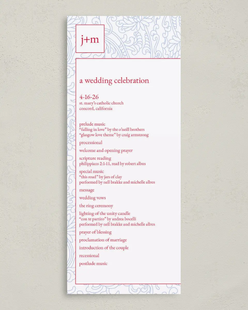 This is a 3⅝" x 8⅞" Tea-length Wedding Program called Pristine Beauty printed in full color on Premium Smooth paper