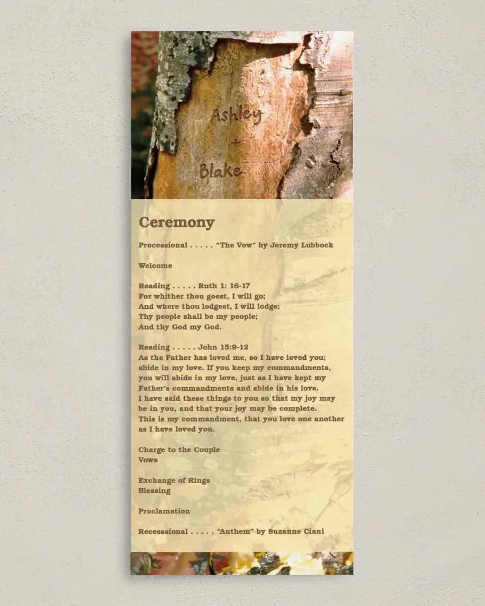 This is a 3⅝" x 8⅞" Tea-length Wedding Program called Carved in Love - Autumn printed in full color on Premium Smooth paper