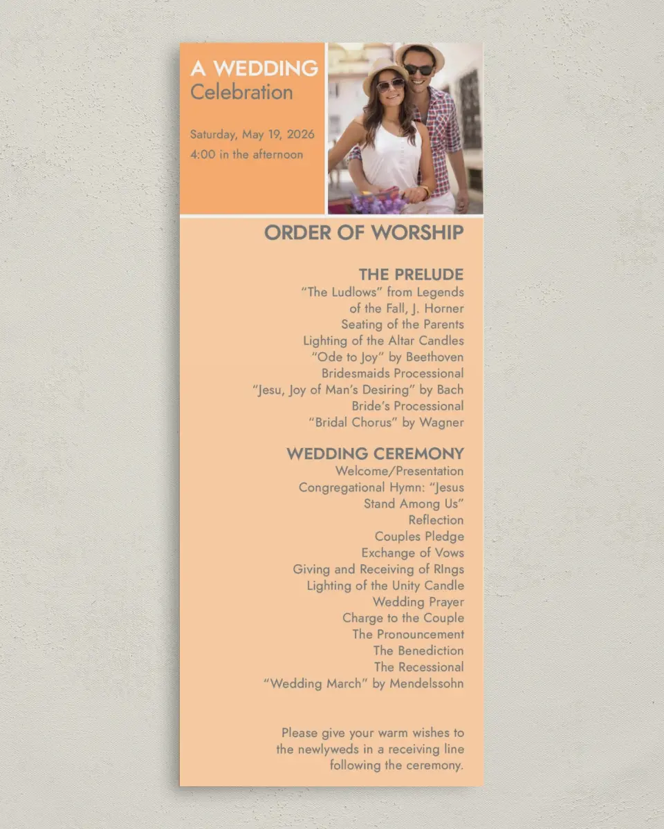 This is a 3⅝" x 8⅞" Tea-length Wedding Program called Field of Love printed in full color on Premium Smooth paper