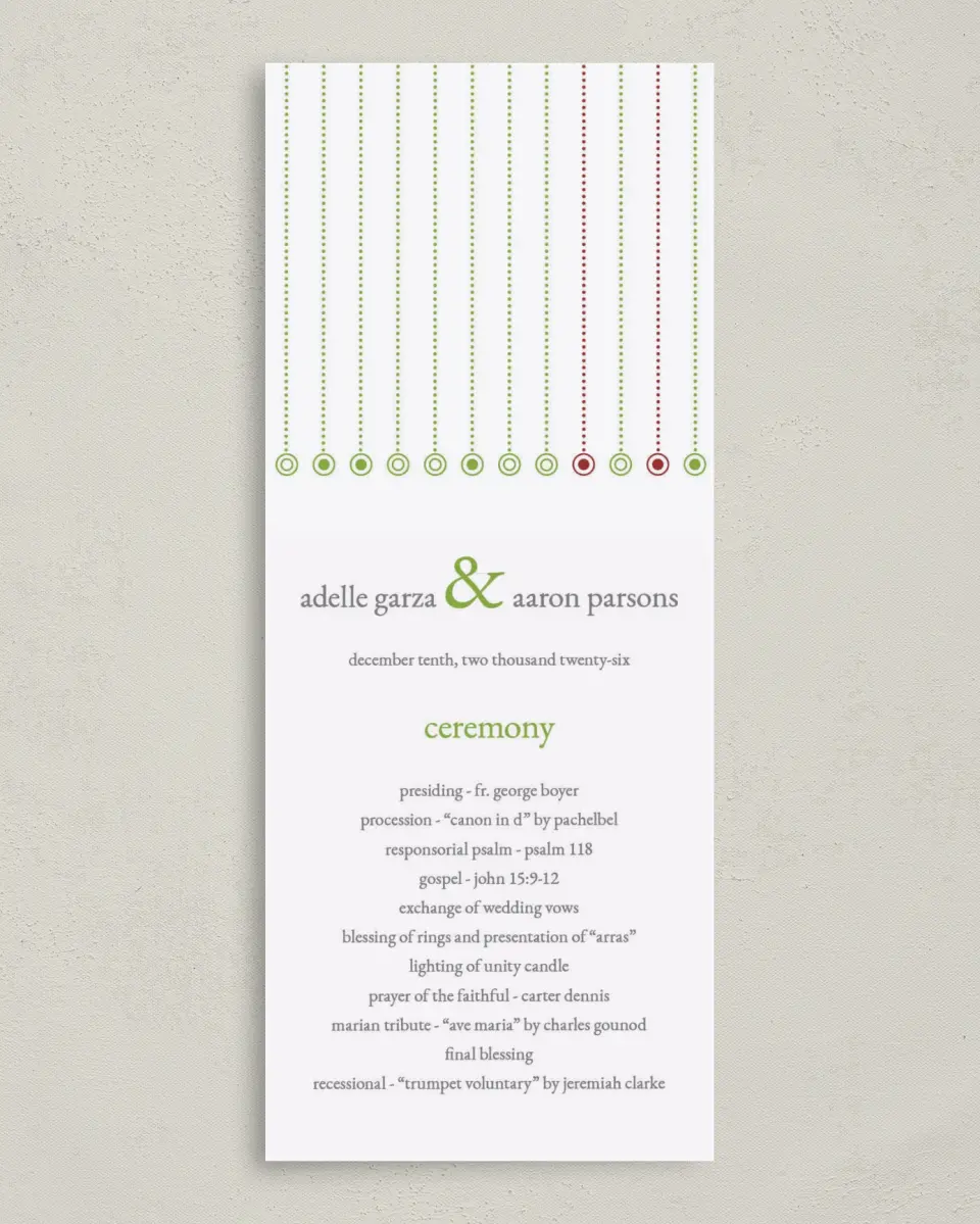 This is a 3⅝" x 8⅞" Tea-length Wedding Program called Ornament Stripe printed in full color on Premium Smooth paper