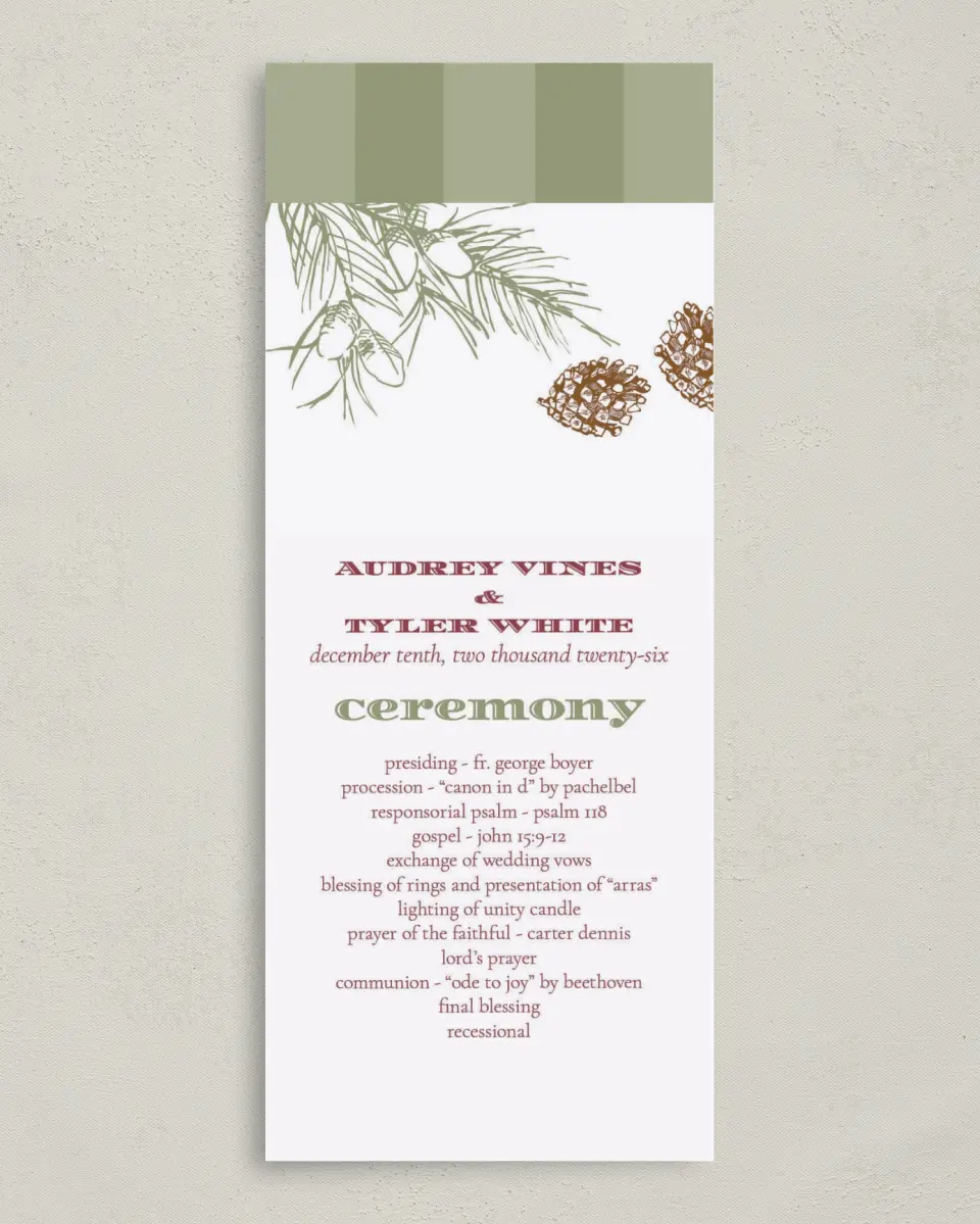 This is a 3⅝" x 8⅞" Tea-length Wedding Program called Evergreen Christmas printed in full color on Premium Smooth paper
