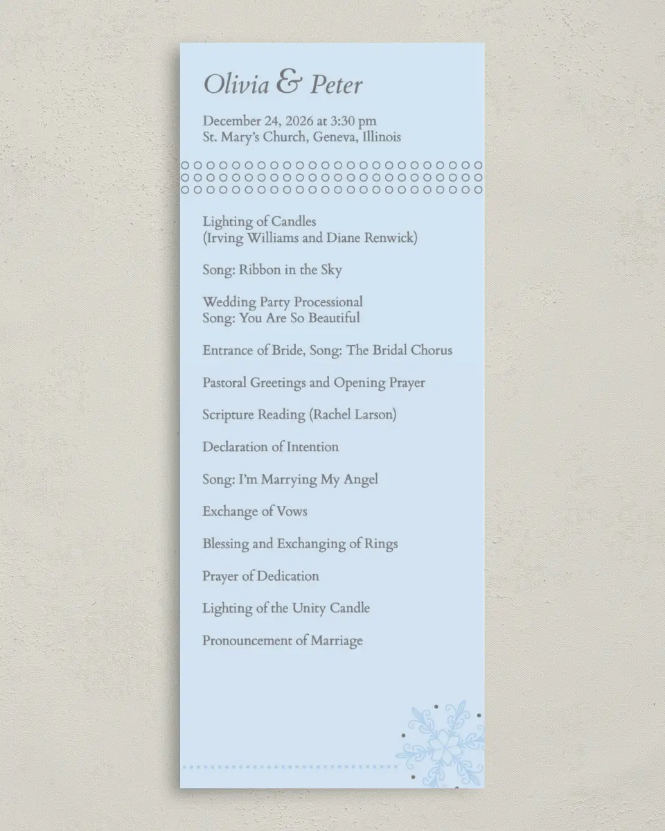 This is a 3⅝" x 8⅞" Tea-length Wedding Program called Seasonal Snowflake printed in full color on Premium Smooth paper