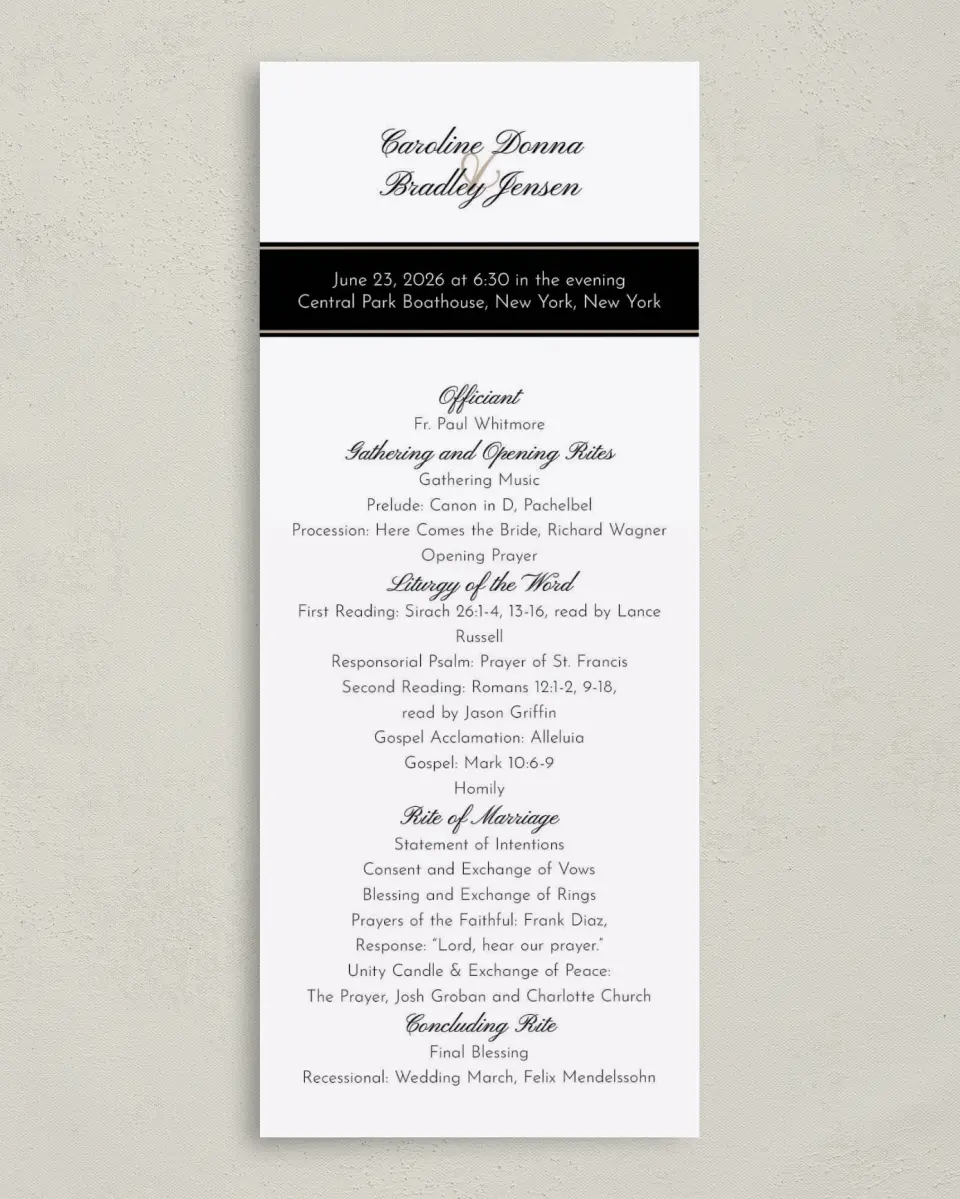 This is a 3⅝" x 8⅞" Tea-length Wedding Program called Vision of Love printed in full color on Premium Smooth paper