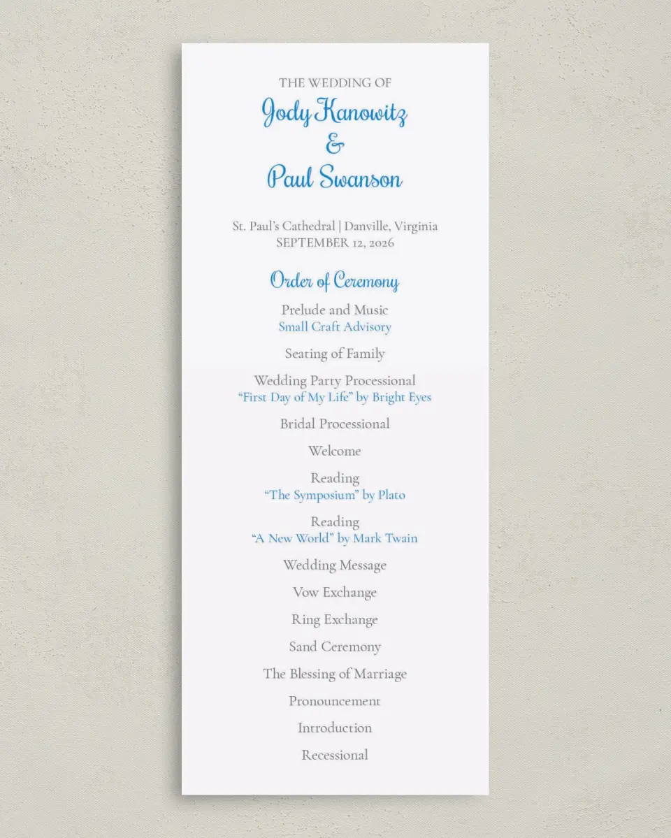 This is a 3⅝" x 8⅞" Tea-length Wedding Program called On This Day printed in full color on Premium Smooth paper