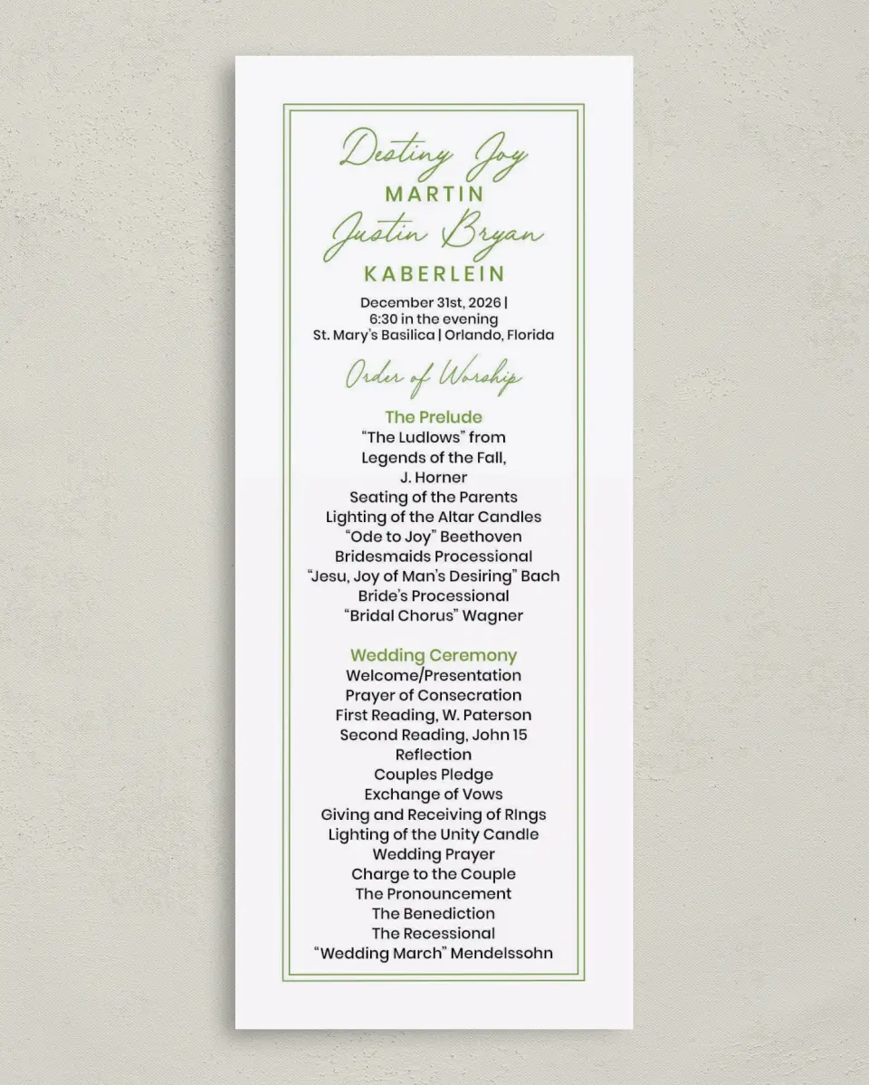 This is a 3⅝" x 8⅞" Tea-length Wedding Program called Simplistic Splendor printed in full color on Premium Smooth paper