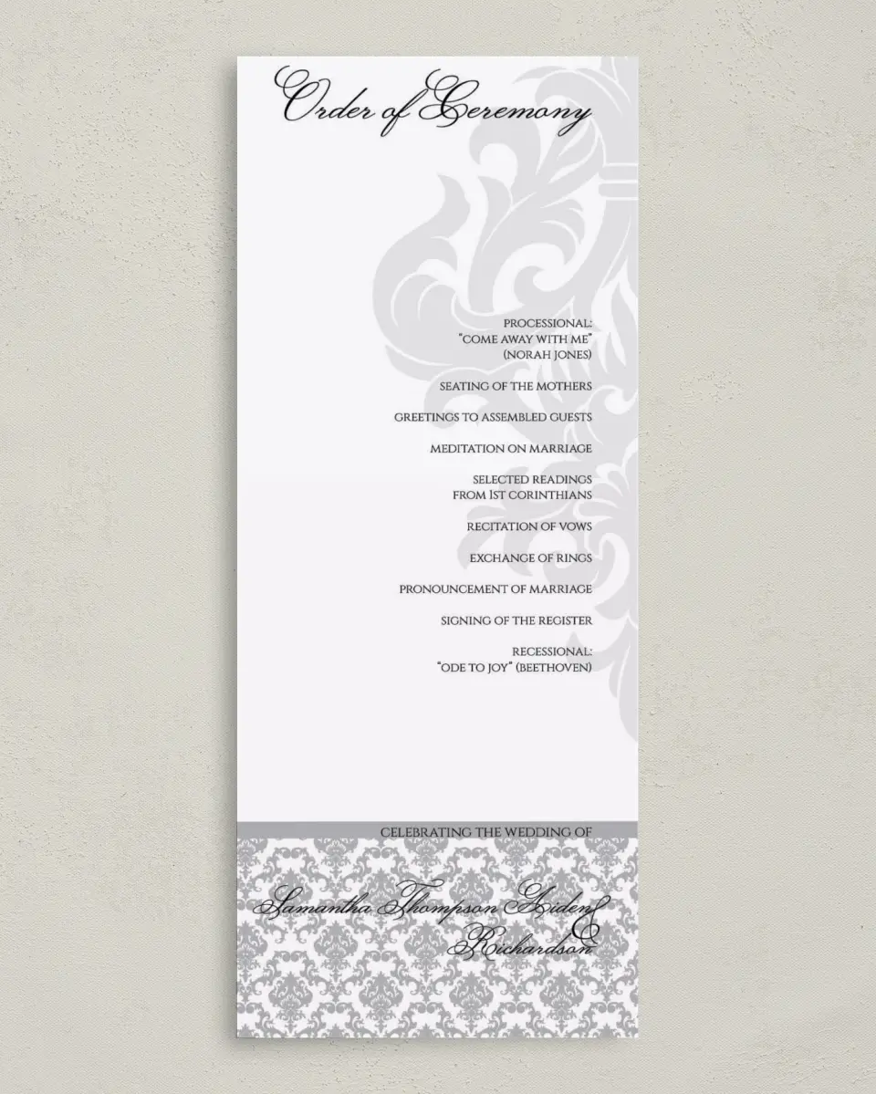 This is a 3⅝" x 8⅞" Tea-length Wedding Program called Damask Elegance printed in full color with Gold foil on Luxe Satin (coated) paper