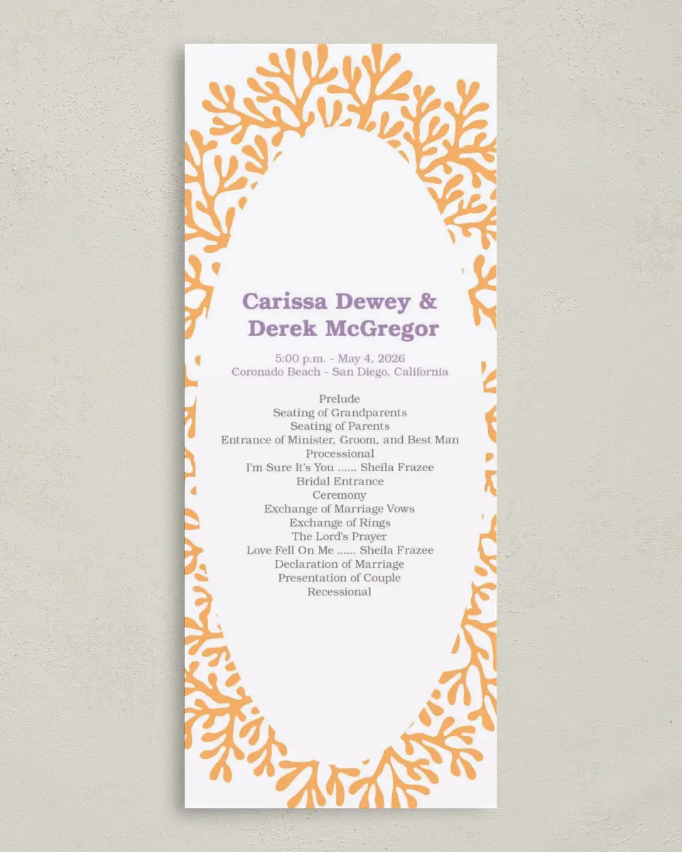 This is a 3⅝" x 8⅞" Tea-length Wedding Program called Watercolor Coral printed in full color on Premium Smooth paper