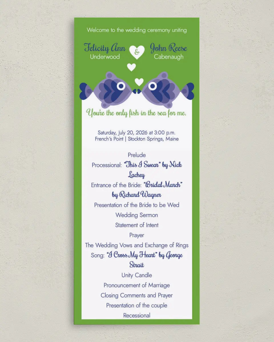 This is a 3⅝" x 8⅞" Tea-length Wedding Program called Pucker Up printed in full color on Premium Smooth paper