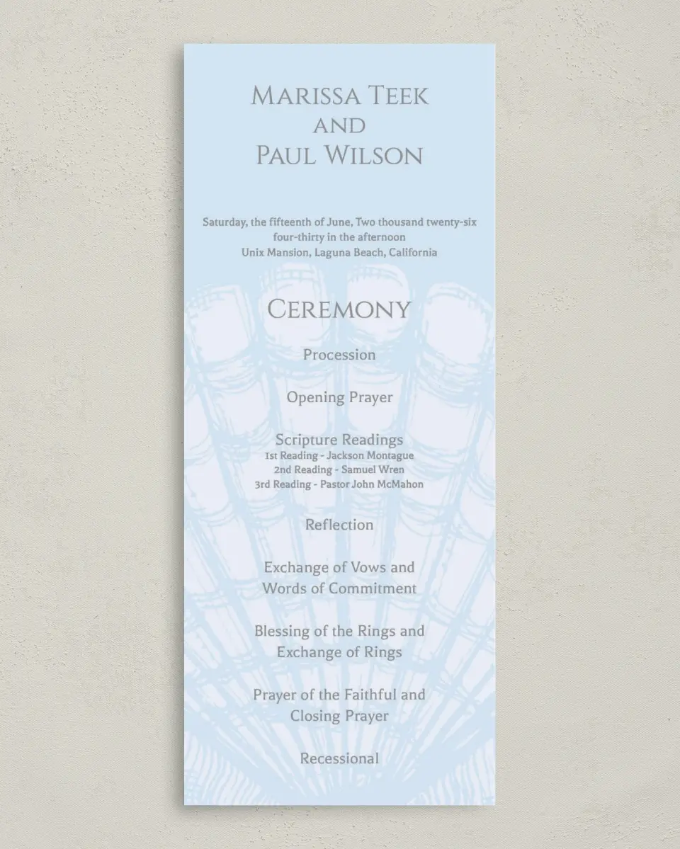 This is a 3⅝" x 8⅞" Tea-length Wedding Program called Scallop Seashell printed in full color on Premium Smooth paper
