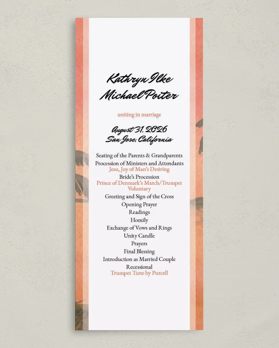 This is a 3⅝" x 8⅞" Tea-length Wedding Program called Island Oasis printed in full color on Premium Smooth paper