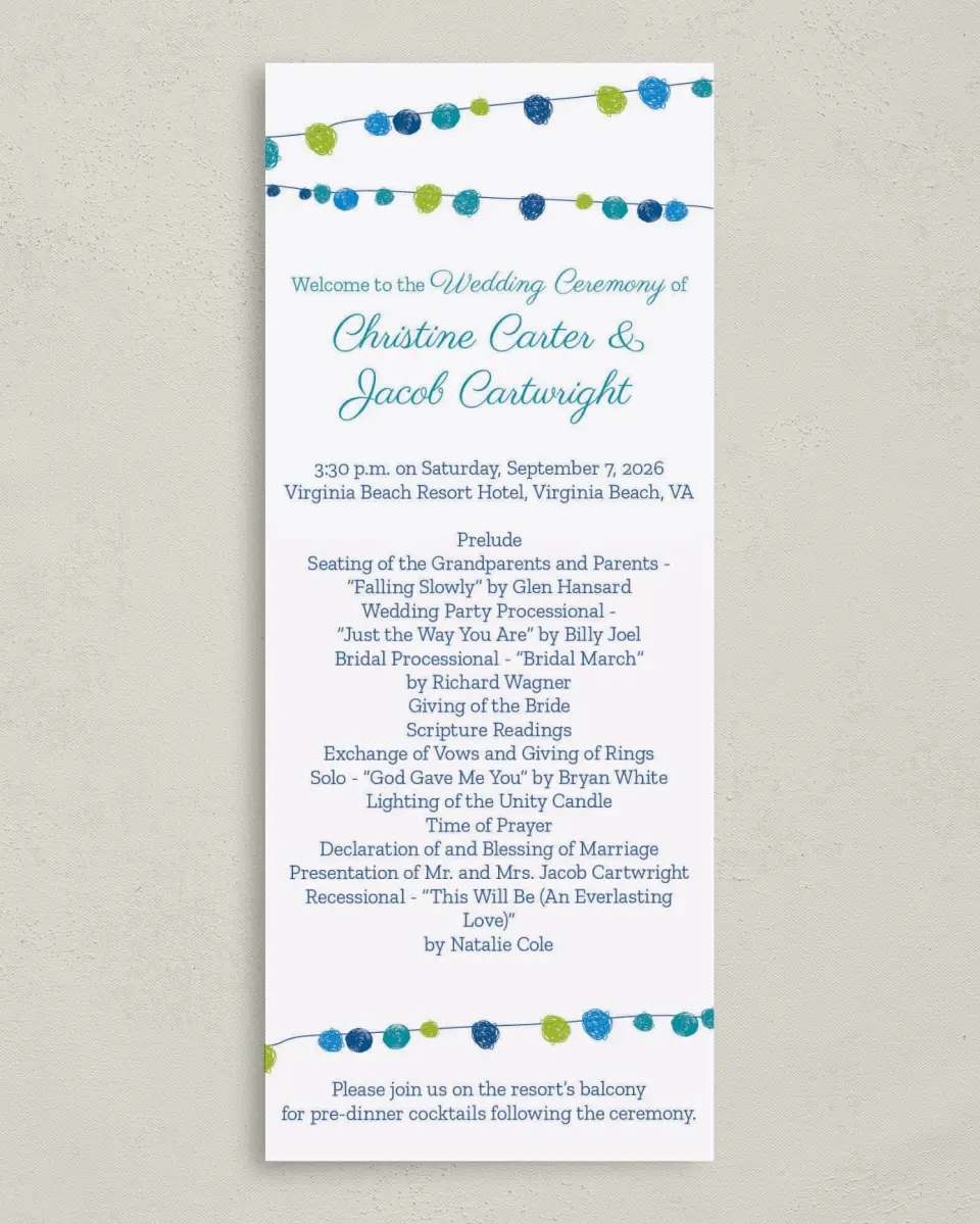 This is a 3⅝" x 8⅞" Tea-length Wedding Program called Lantern Scribbles printed in full color on Premium Smooth paper