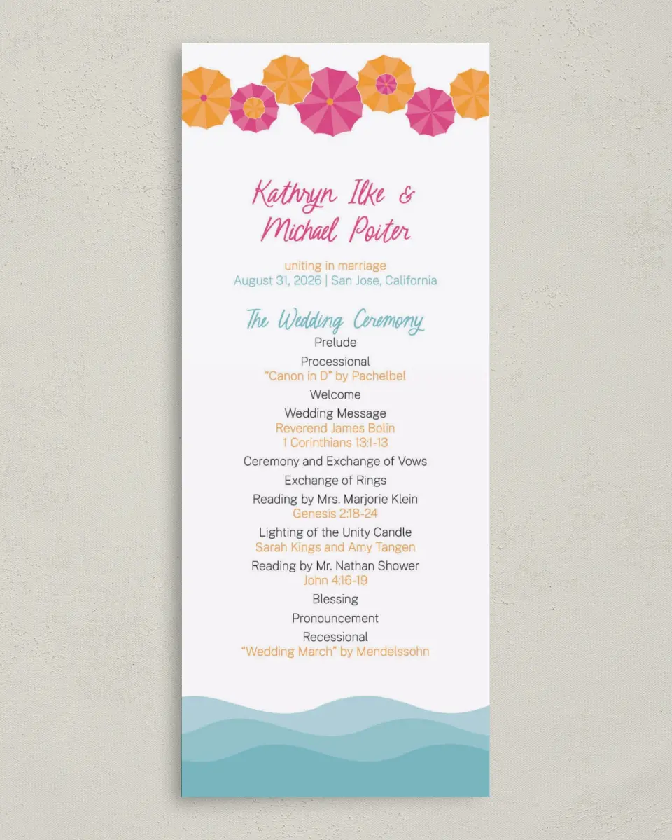 This is a 3⅝" x 8⅞" Tea-length Wedding Program called Playful Parasols printed in full color on Premium Smooth paper