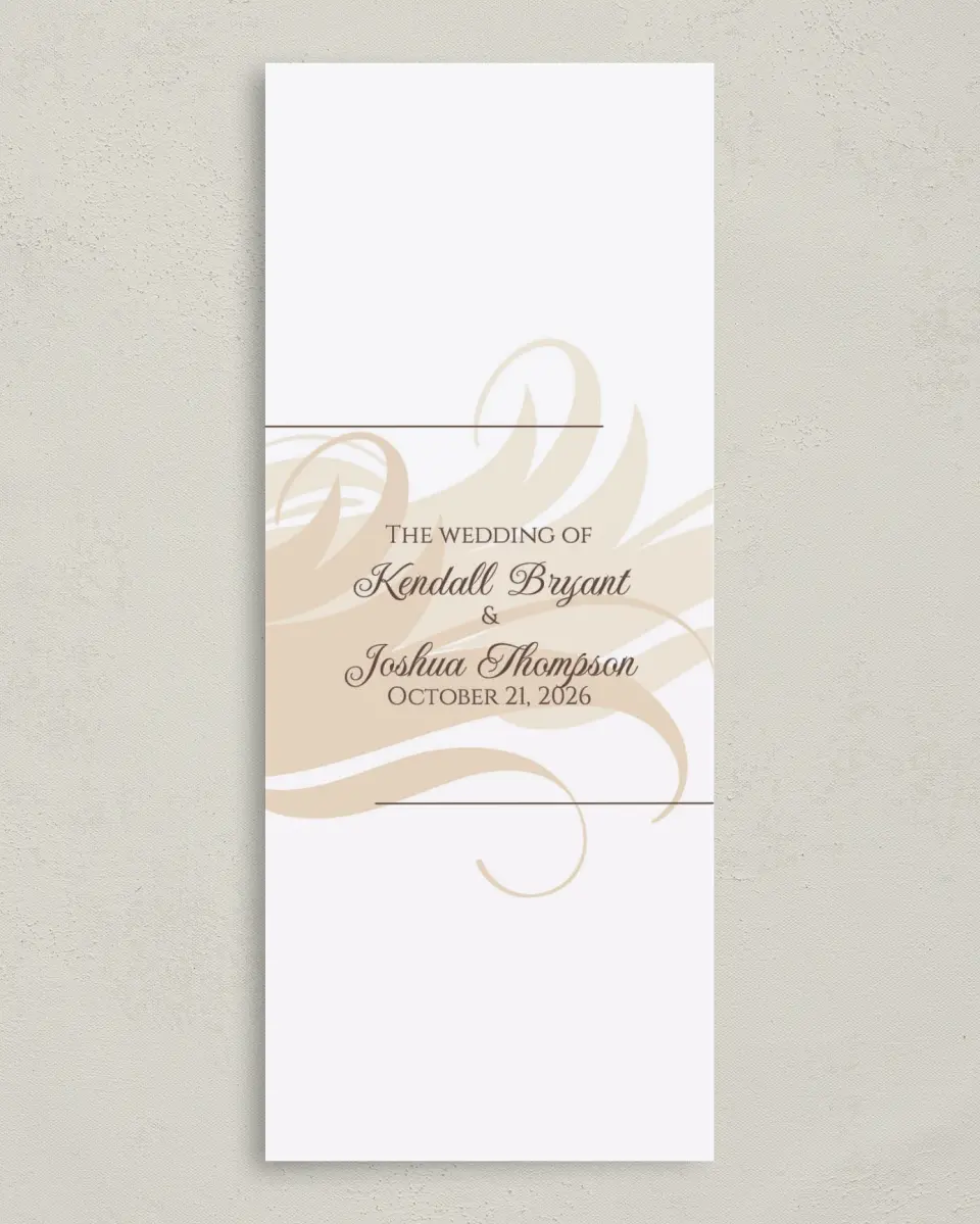 This is a 3⅝" x 8⅞" Tea-length Wedding Program called Whispering Feather printed in full color on Premium Smooth paper