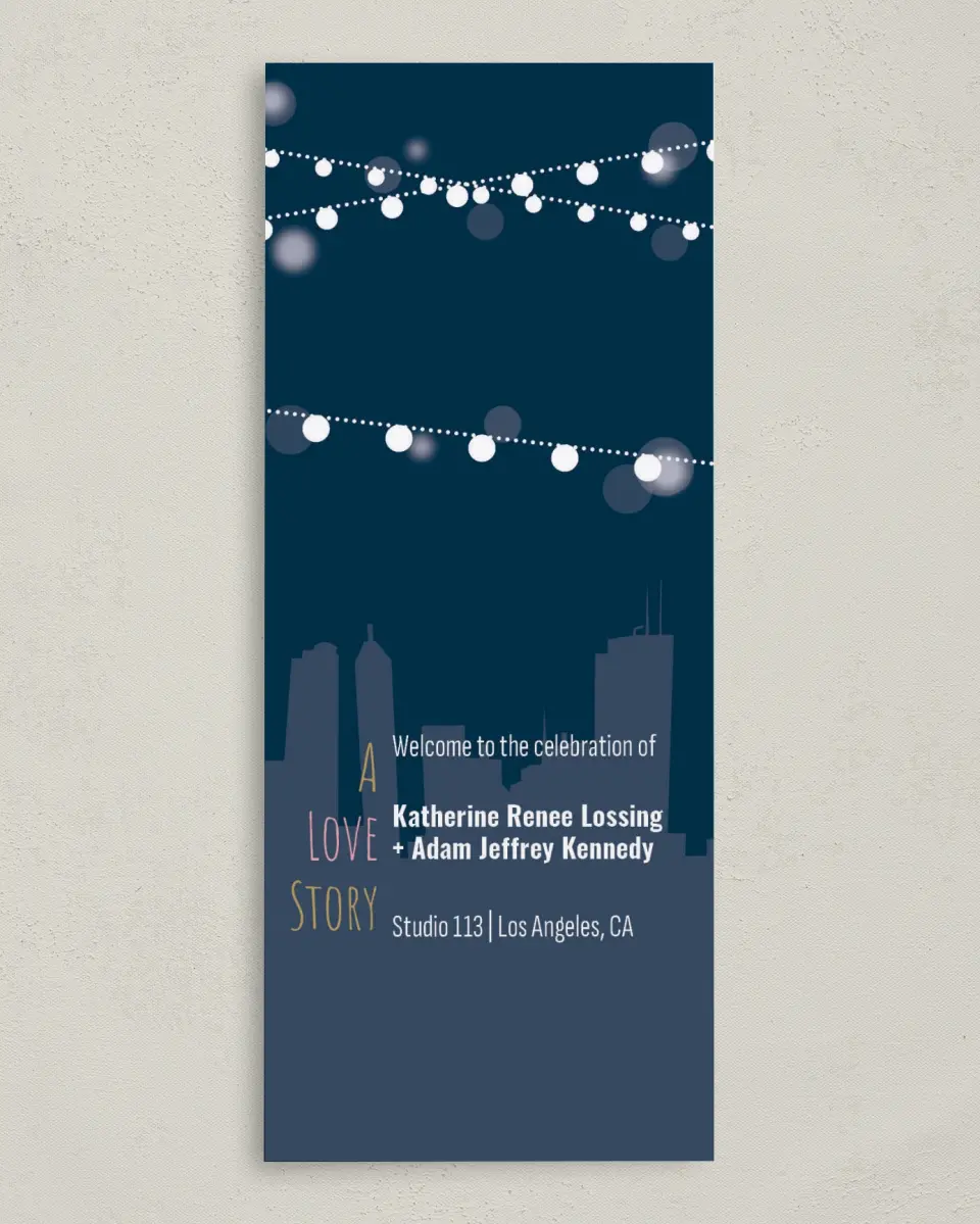 This is a 3⅝" x 8⅞" Tea-length Wedding Program called Rooftop Party printed in full color on Premium Smooth paper