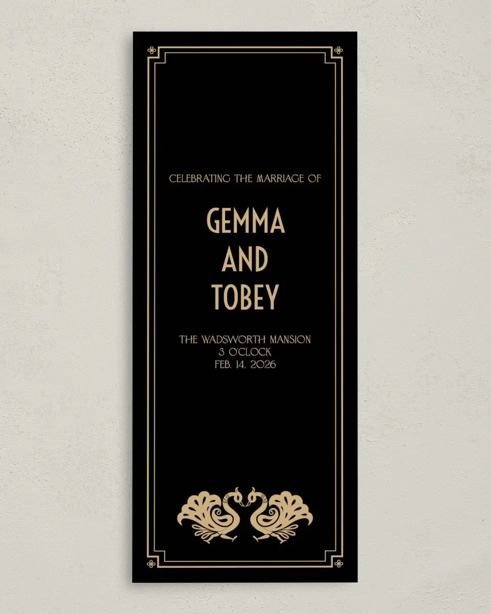 This is a 3⅝" x 8⅞" Tea-length Wedding Program called Deco Glam printed in full color on Premium Smooth paper