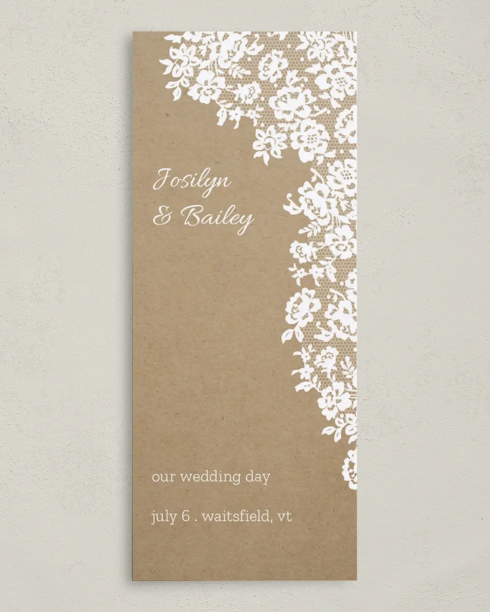 This is a 3⅝" x 8⅞" Tea-length Wedding Program called Floral Lace printed in full color on Premium Smooth paper