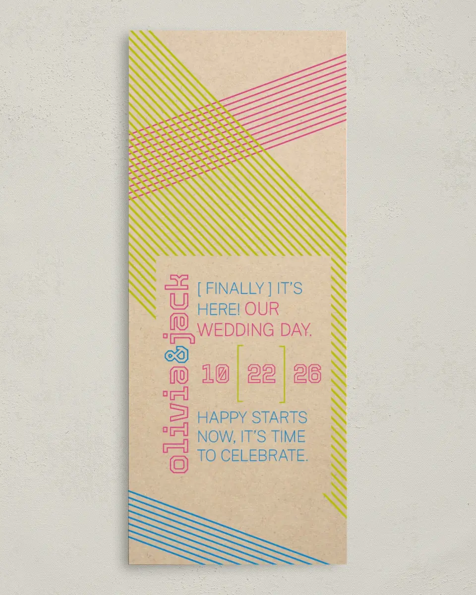 This is a 3⅝" x 8⅞" Tea-length Wedding Program called Flirty Neon printed in full color on Premium Smooth paper