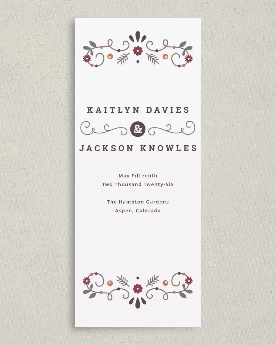 This is a 3⅝" x 8⅞" Tea-length Wedding Program called Fall Treasures printed in full color on Premium Smooth paper