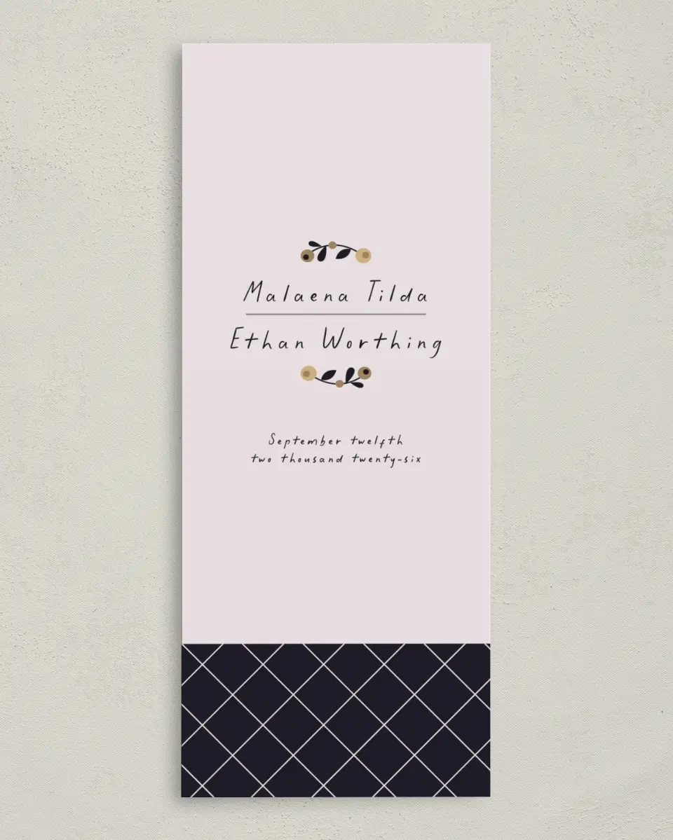 This is a 3⅝" x 8⅞" Tea-length Wedding Program called An Autumn Affair printed in full color on Premium Smooth paper