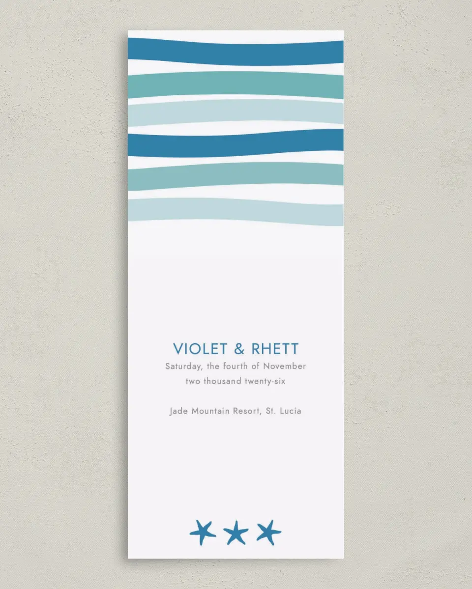 This is a 3⅝" x 8⅞" Tea-length Wedding Program called Making Waves printed in full color on Premium Smooth paper