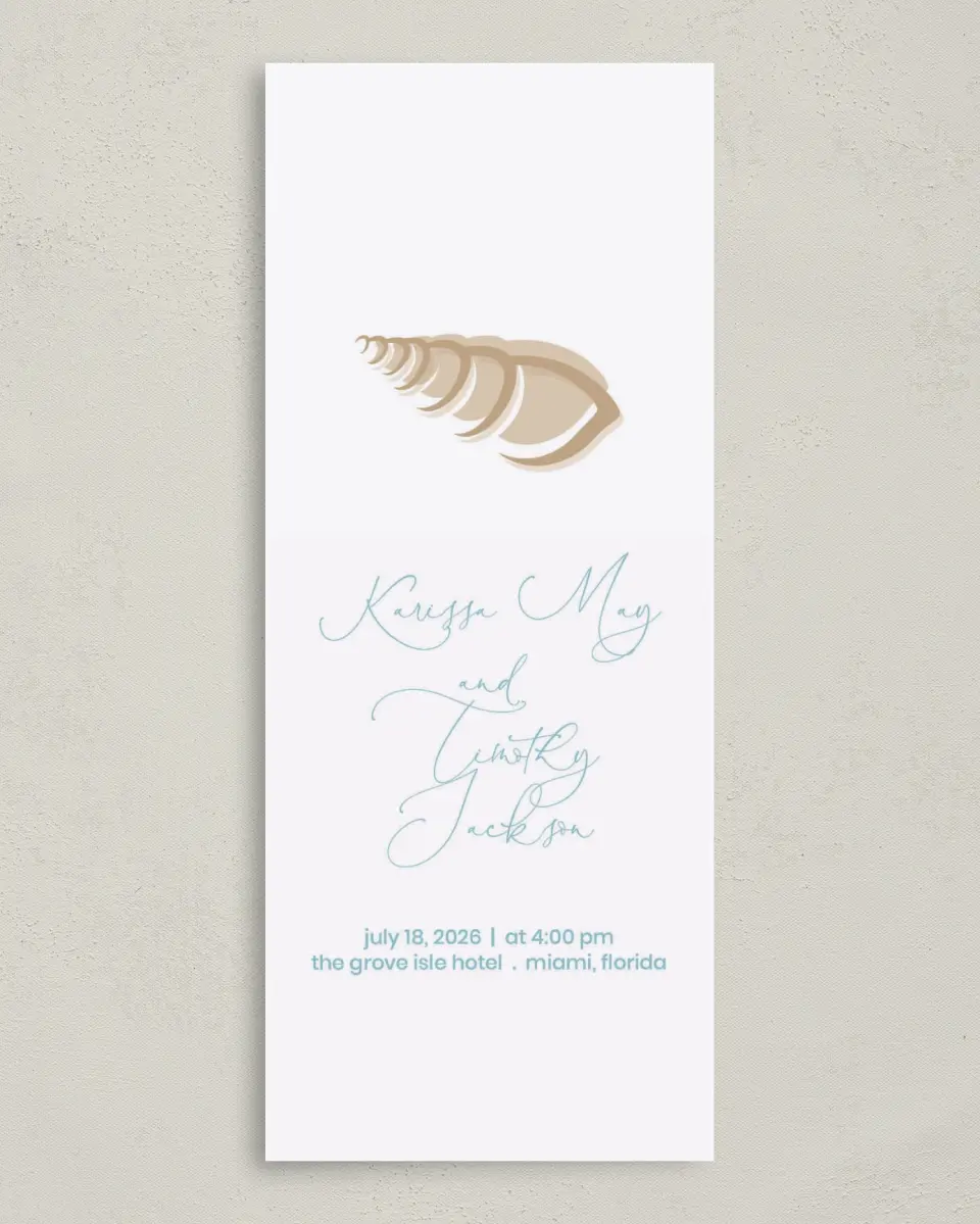 This is a 3⅝" x 8⅞" Tea-length Wedding Program called Salty Kisses printed in full color on Premium Smooth paper