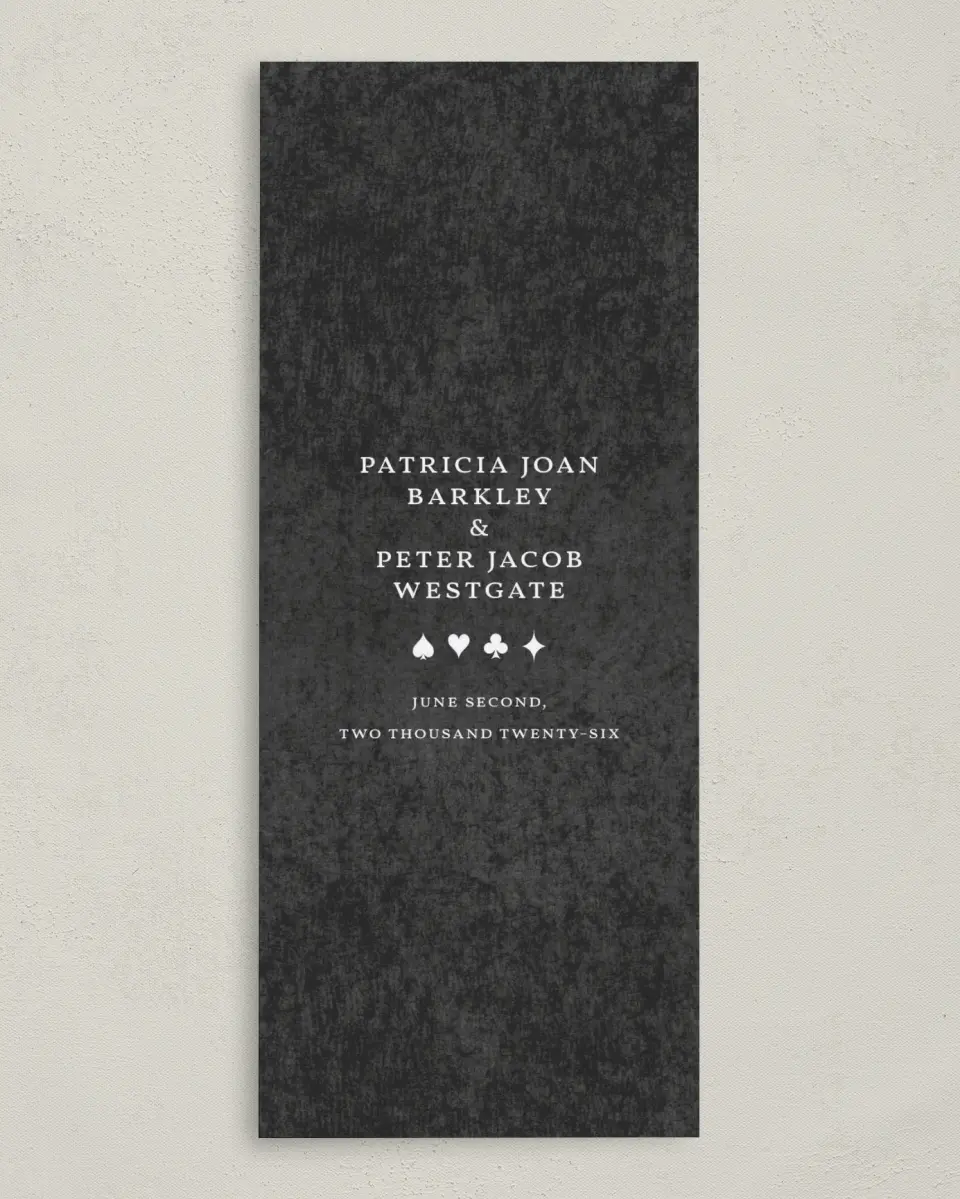 This is a 3⅝" x 8⅞" Tea-length Wedding Program called Vegas Luxe printed in full color on Premium Smooth paper