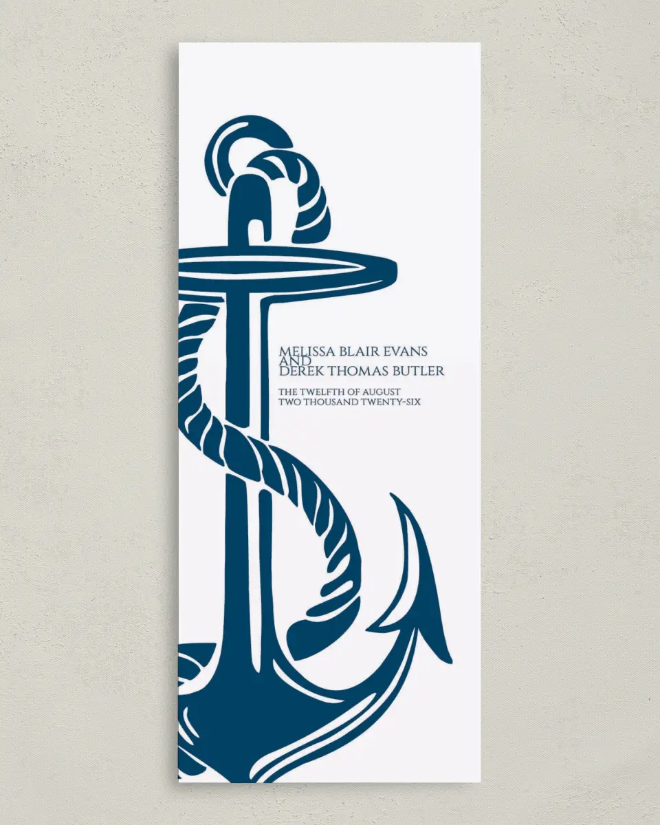 This is a 3⅝" x 8⅞" Tea-length Wedding Program called Love's Anchor printed in full color on Premium Smooth paper
