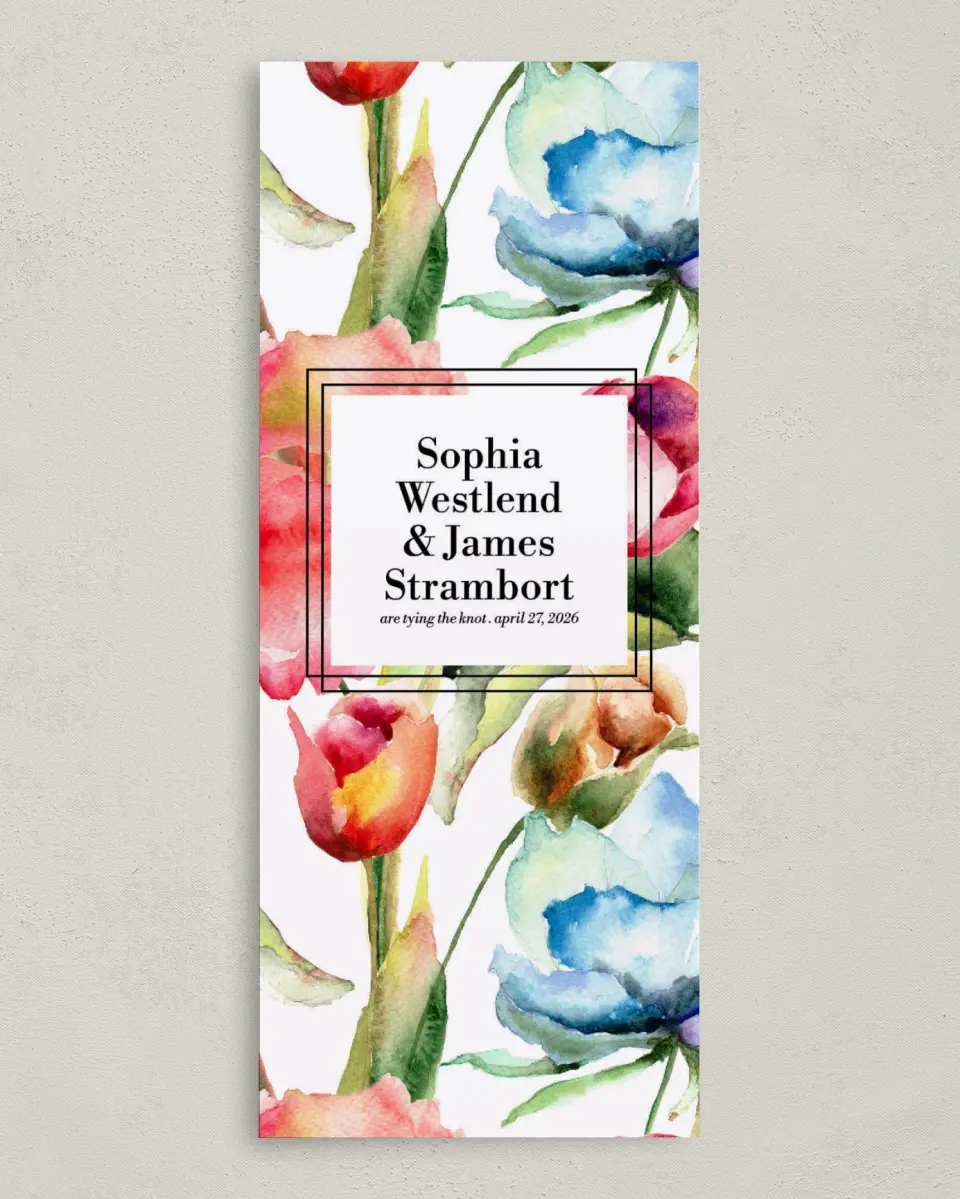 This is a 3⅝" x 8⅞" Tea-length Wedding Program called Floral Watercolor printed in full color on Premium Smooth paper