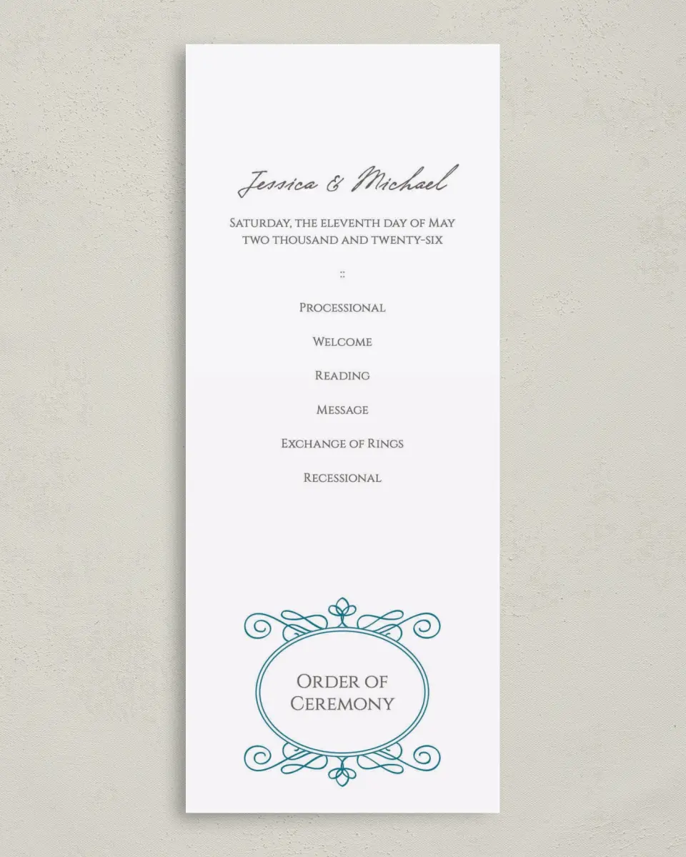 This is a 3⅝" x 8⅞" Tea-length Wedding Program called Simple Luxury printed in full color on Premium Smooth paper
