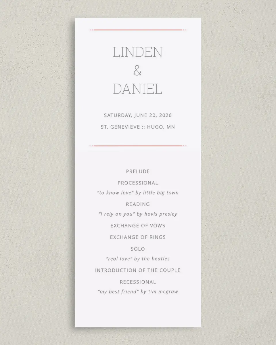 This is a 3⅝" x 8⅞" Tea-length Wedding Program called Sweetly Charmed printed in full color on Premium Smooth paper